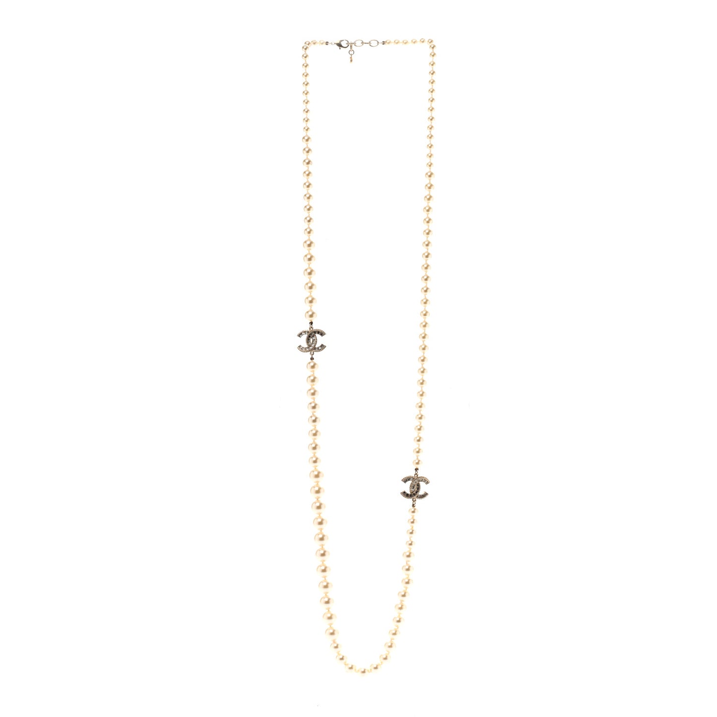 Pearl Baguette Crystal Long CC Necklace Gold