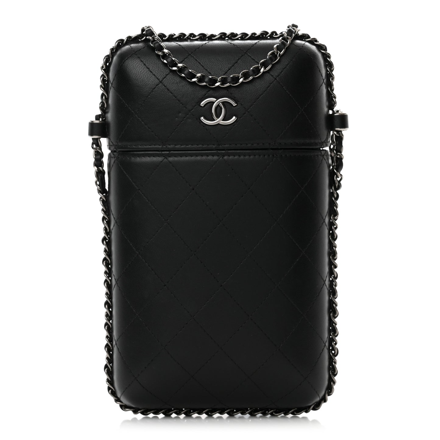 Lambskin Quilted Chain Around Phone Holder Black