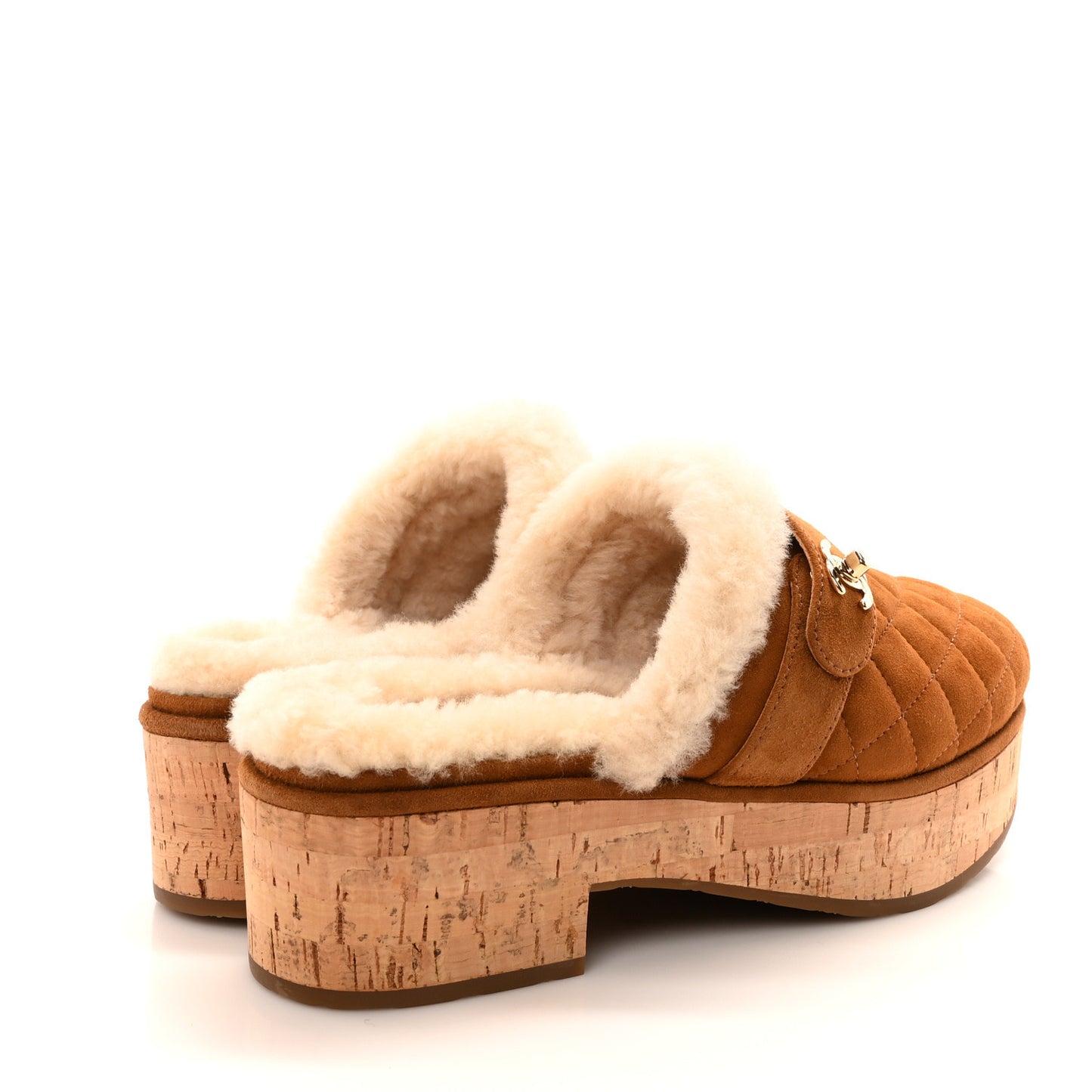 Suede Calfskin Shearling Turn Lock Clogs 37 Brown
