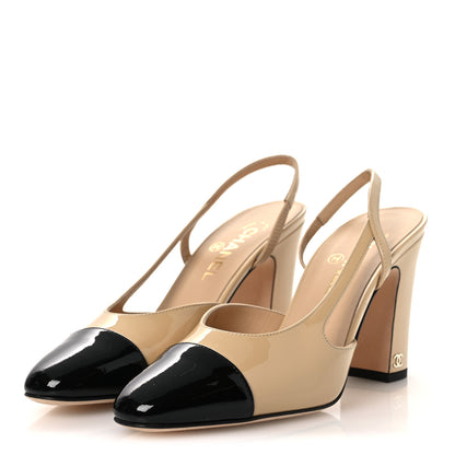 Chanel Patent Calfskin Cap Toe CC Slingback Pumps 40 Beige Black 4 of 11