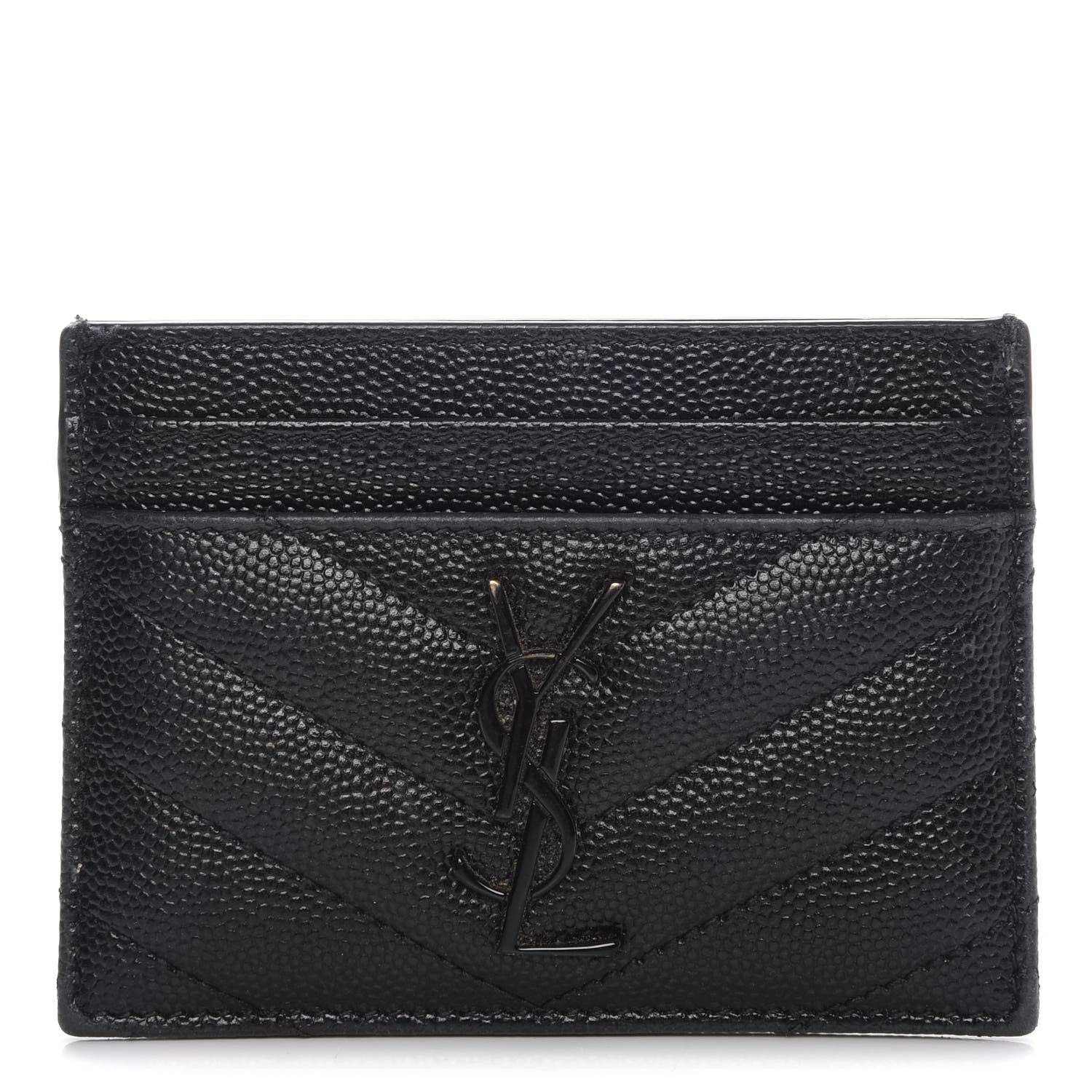 Saint Laurent Grain De Poudre Matelasse Chevron Monogram Credit Card Case Black 1 of 12