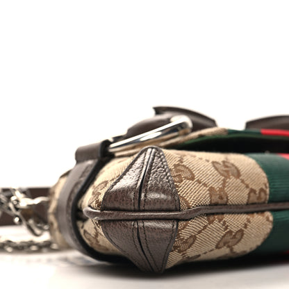 Gucci Monogram Textured Dollar Calfskin Heavy Grosgrain Web Small Maxi Horsebit Chain Shoulder Bag Beige Ebony New Acero 9 of 11