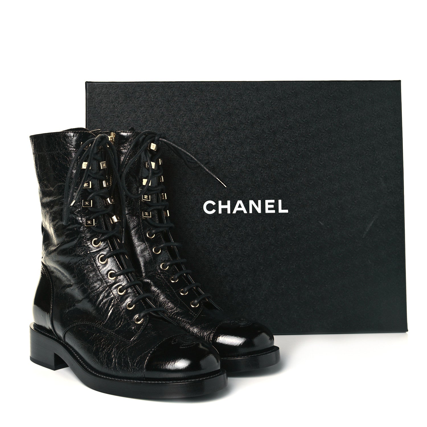 Chanel Crumpled Lambskin Shiny Calfskin Lace Up Combat Boots 38.5 Black 8 of 8