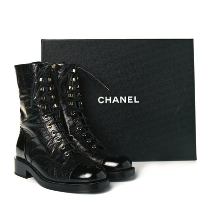 Chanel Crumpled Lambskin Shiny Calfskin Lace Up Combat Boots 38.5 Black 8 of 8