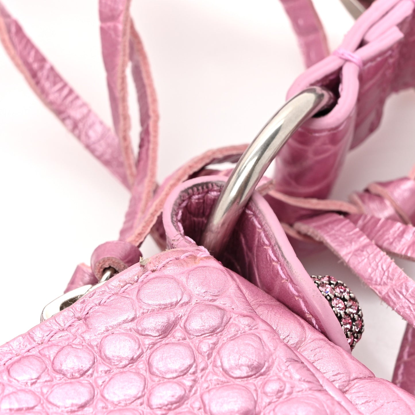 Metallic Extra Supple Calfskin Crystal Crocodile Embossed Small Le Cagole Shoulder Bag Pink