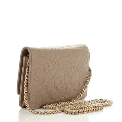 Chanel Lambskin Camellia Embossed Wallet on Chain WOC Beige 3 of 8