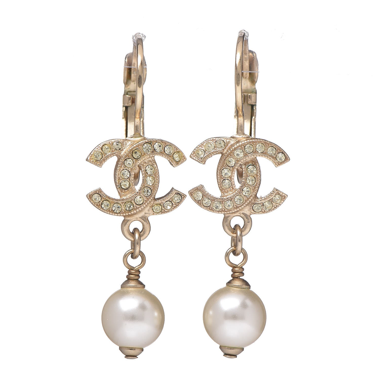 Chanel Crystal Pearl CC Drop Earrings Gold 1 of 5