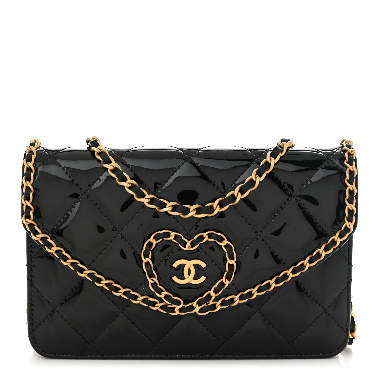 Chanel Patent Quilted Chain Around Heart Wallet On Chain WOC Black 1 of 12