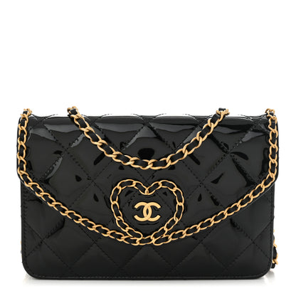Chanel Patent Quilted Chain Around Heart Wallet On Chain WOC Black 1 of 12