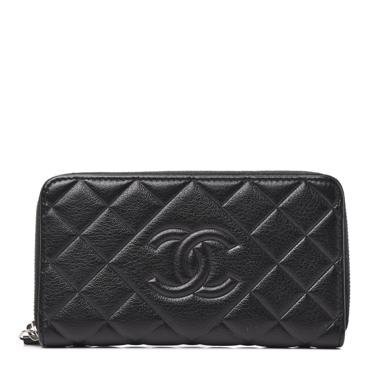 Calfskin Quilted Small Diamond CC Zip Around Wallet Black