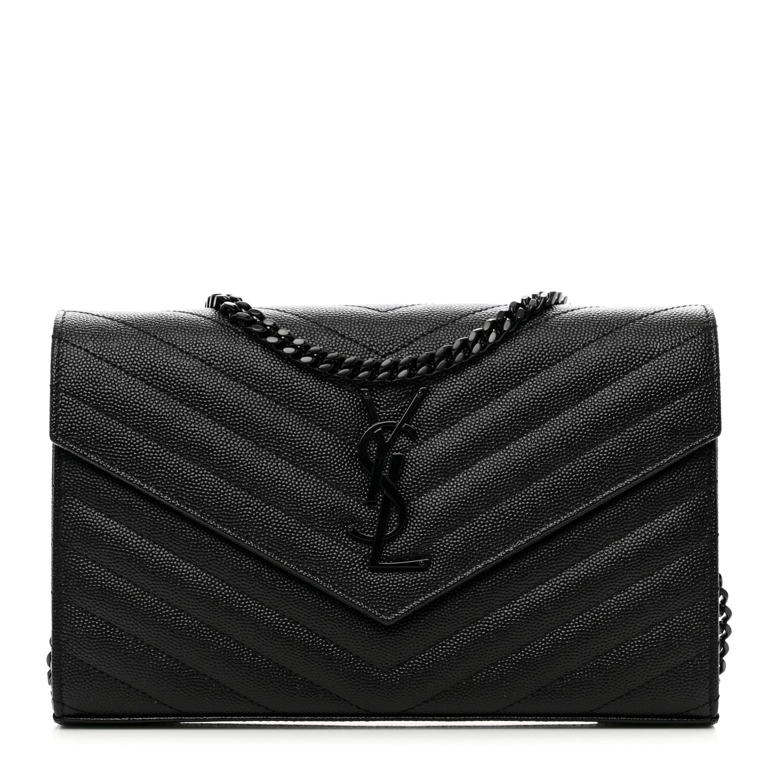 Saint Laurent Grain De Poudre Matelasse Chevron Monogram Monochrome Chain Wallet Black 1 of 10