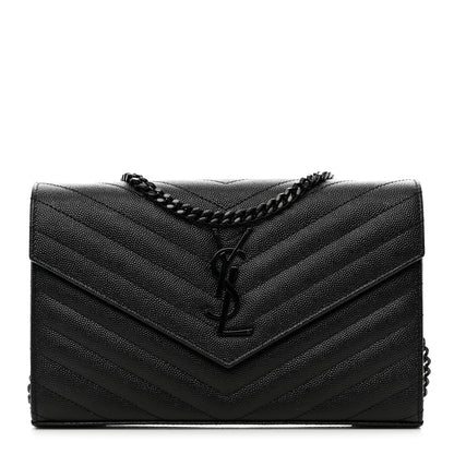 Saint Laurent Grain De Poudre Matelasse Chevron Monogram Monochrome Chain Wallet Black 1 of 10