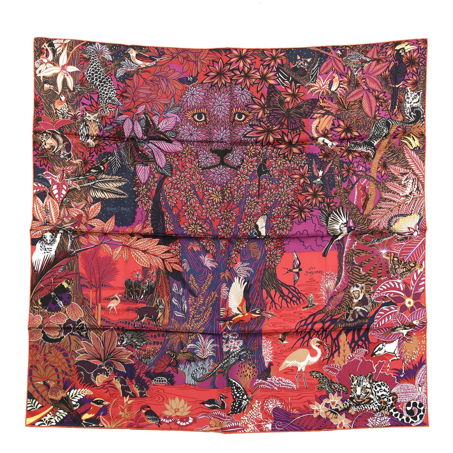 Hermes Silk Wild Singapore Scarf 90 Rouge Violet Beige 1 of 3