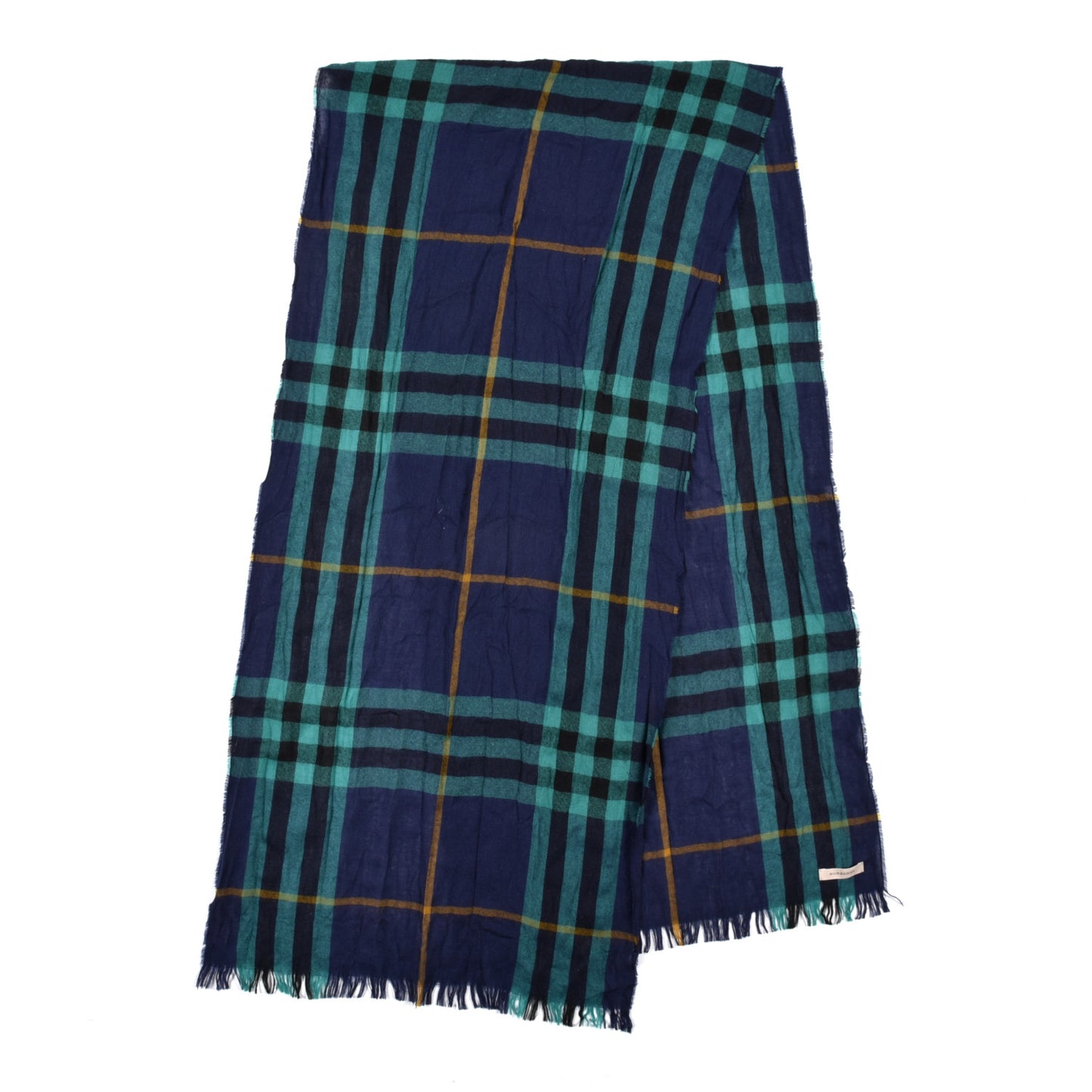 Wool Silk Gauze Giant Check Scarf Blue Green