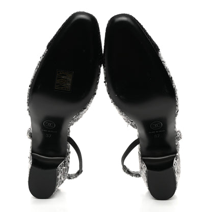 Chanel Tweed Corduroy Cap Toe Slingback Pumps 37 Grey Black 5 of 9