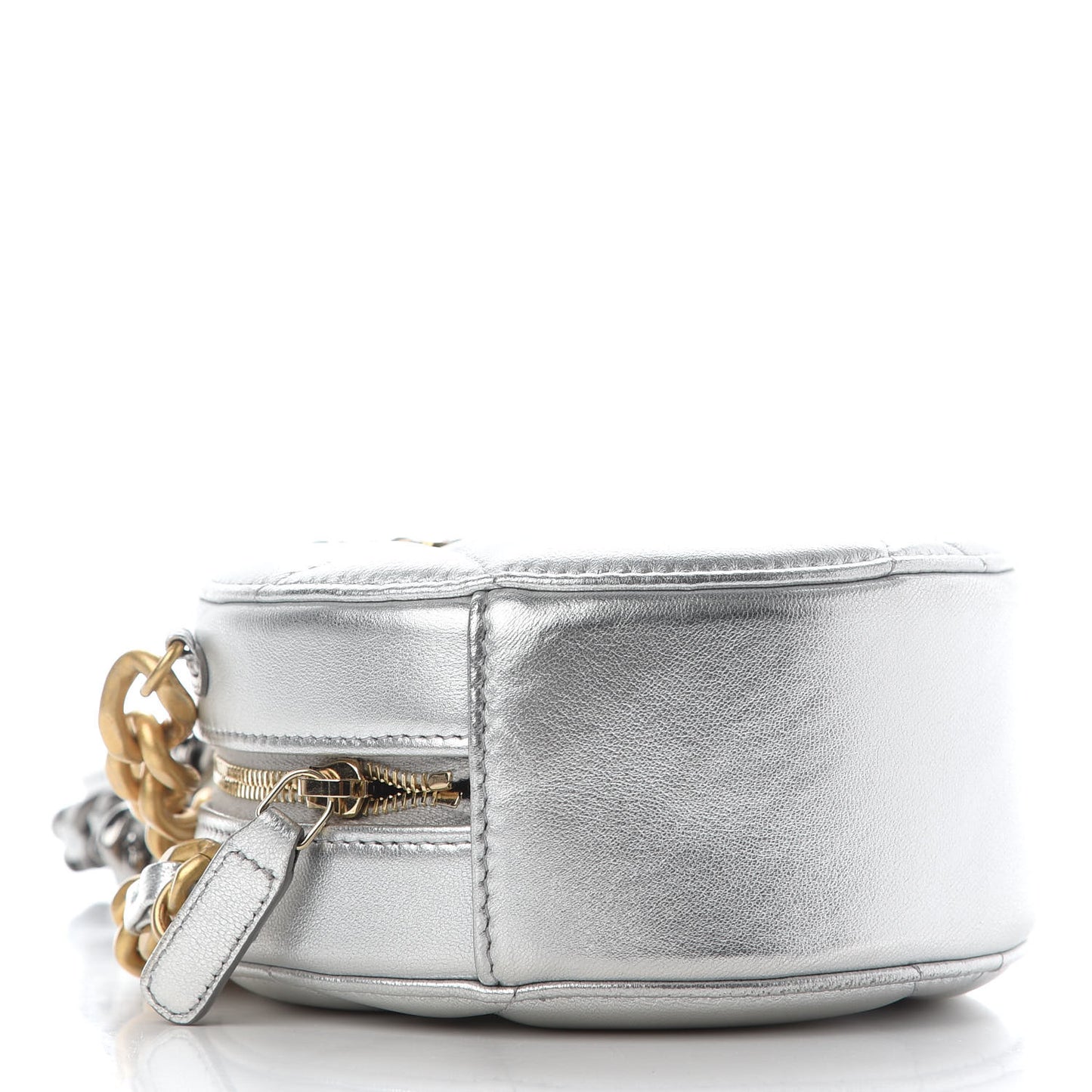 Metallic Lambskin Quilted Chanel 19 Round Clutch With Chain Silver