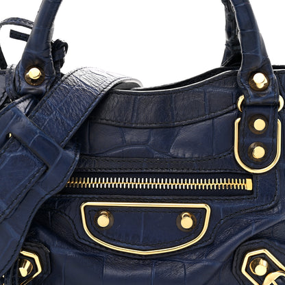 Balenciaga Calfskin Crocodile Embossed Gold Metallic Edge Hardware Mini City Bleu 9 of 13