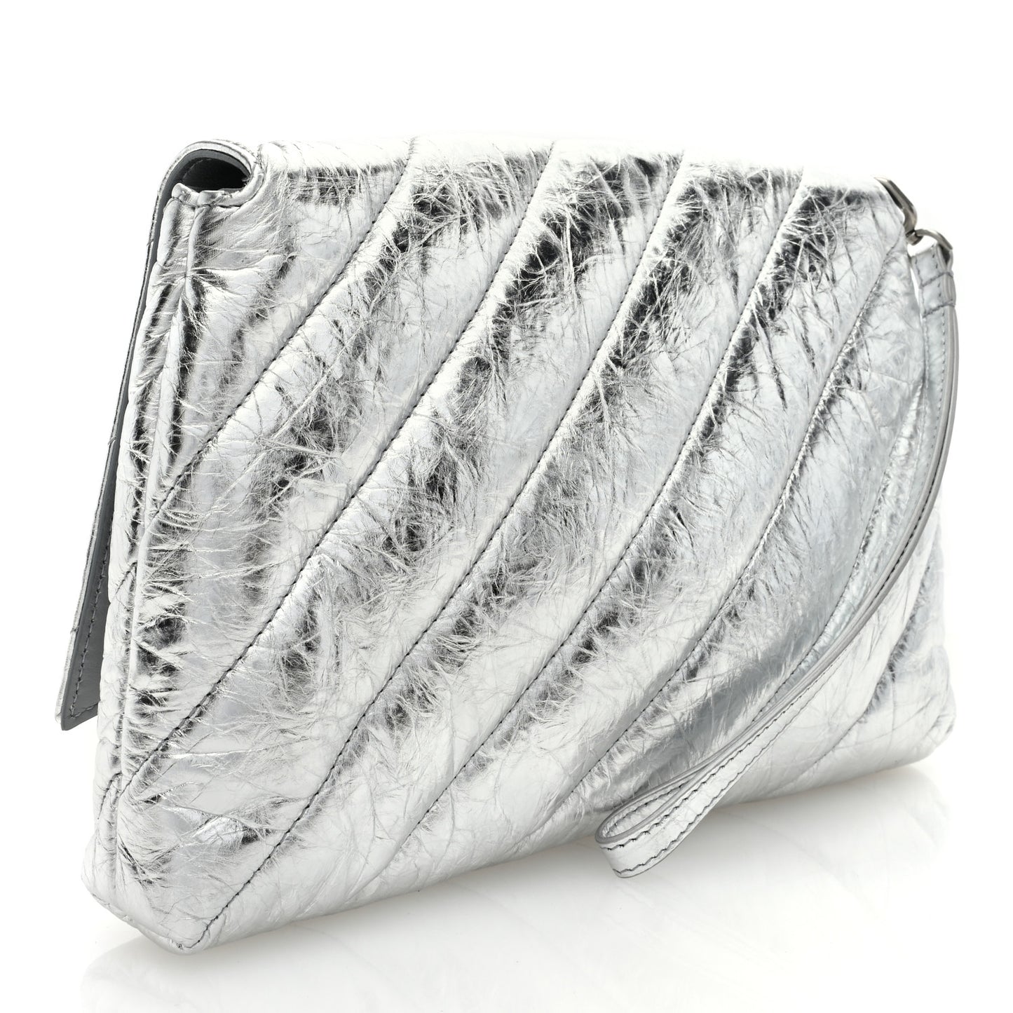 Metallic Calfskin Quilted Medium Crush Pochette Clutch Silver