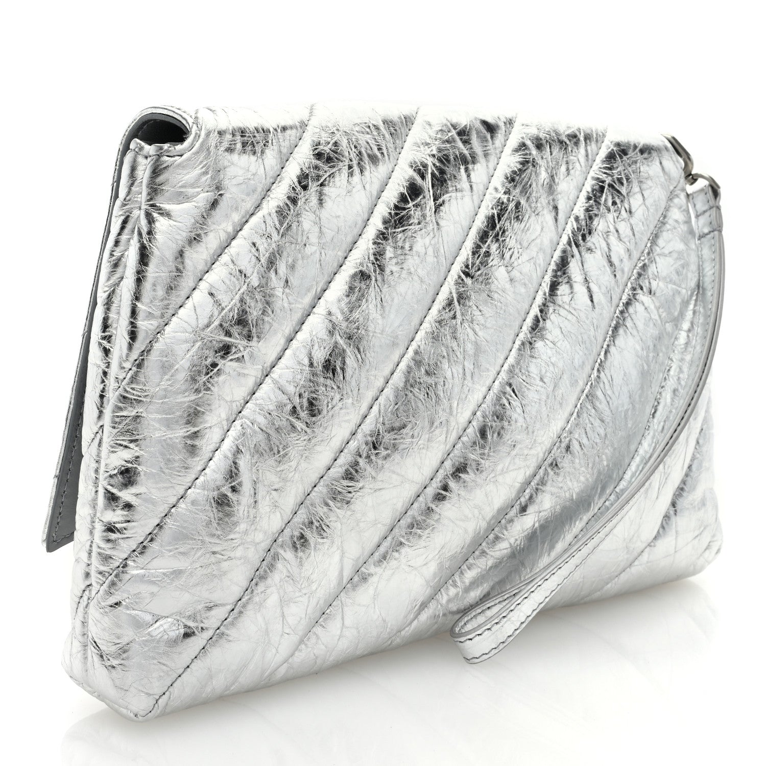 Balenciaga Metallic Calfskin Quilted Medium Crush Pochette Clutch Silver 3 of 6