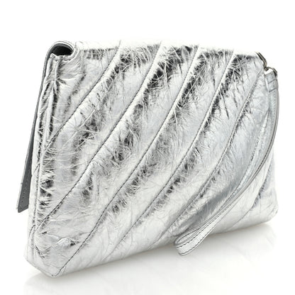 Balenciaga Metallic Calfskin Quilted Medium Crush Pochette Clutch Silver 3 of 6