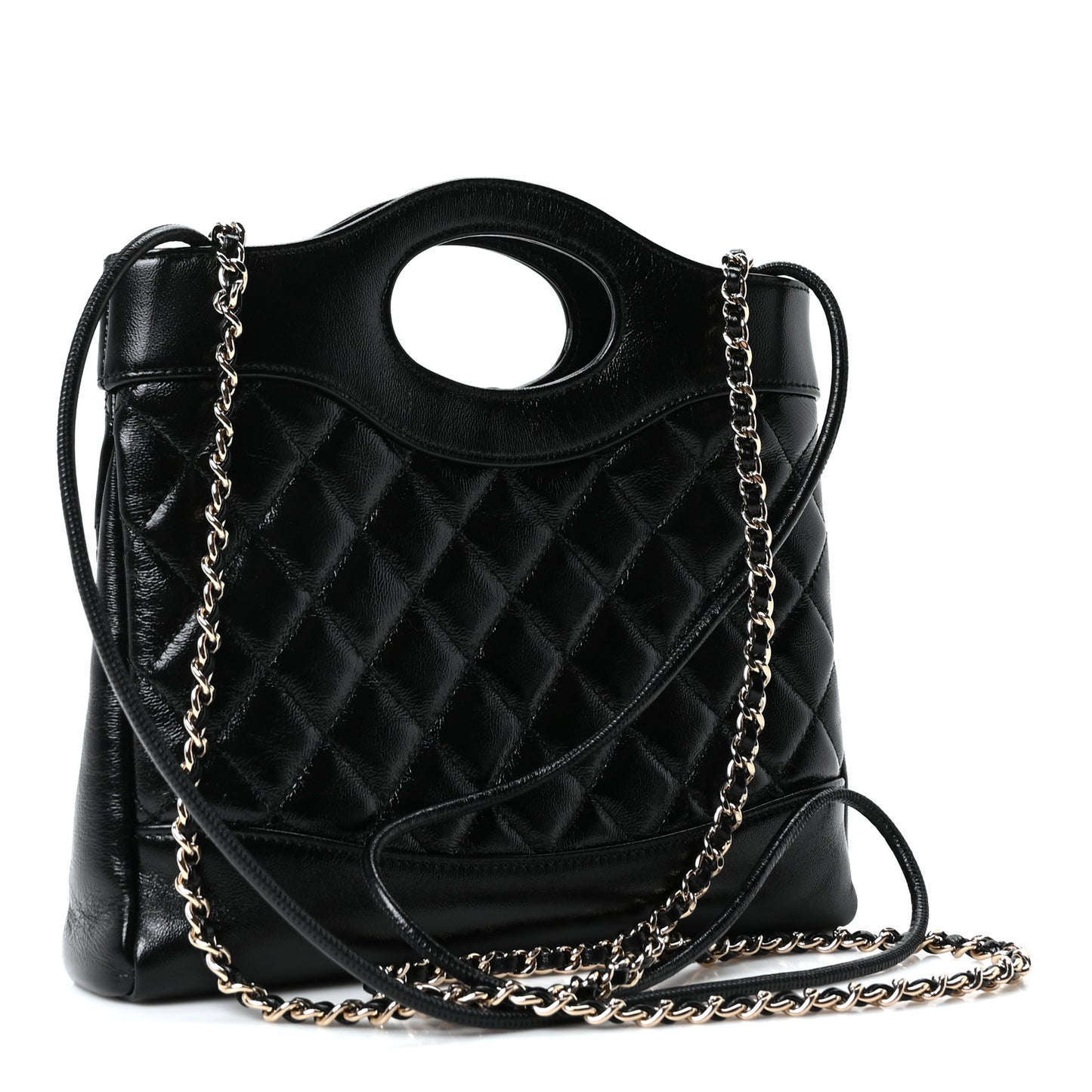 Shiny Crumpled Calfskin Quilted Mini 31 Shopping Bag Black