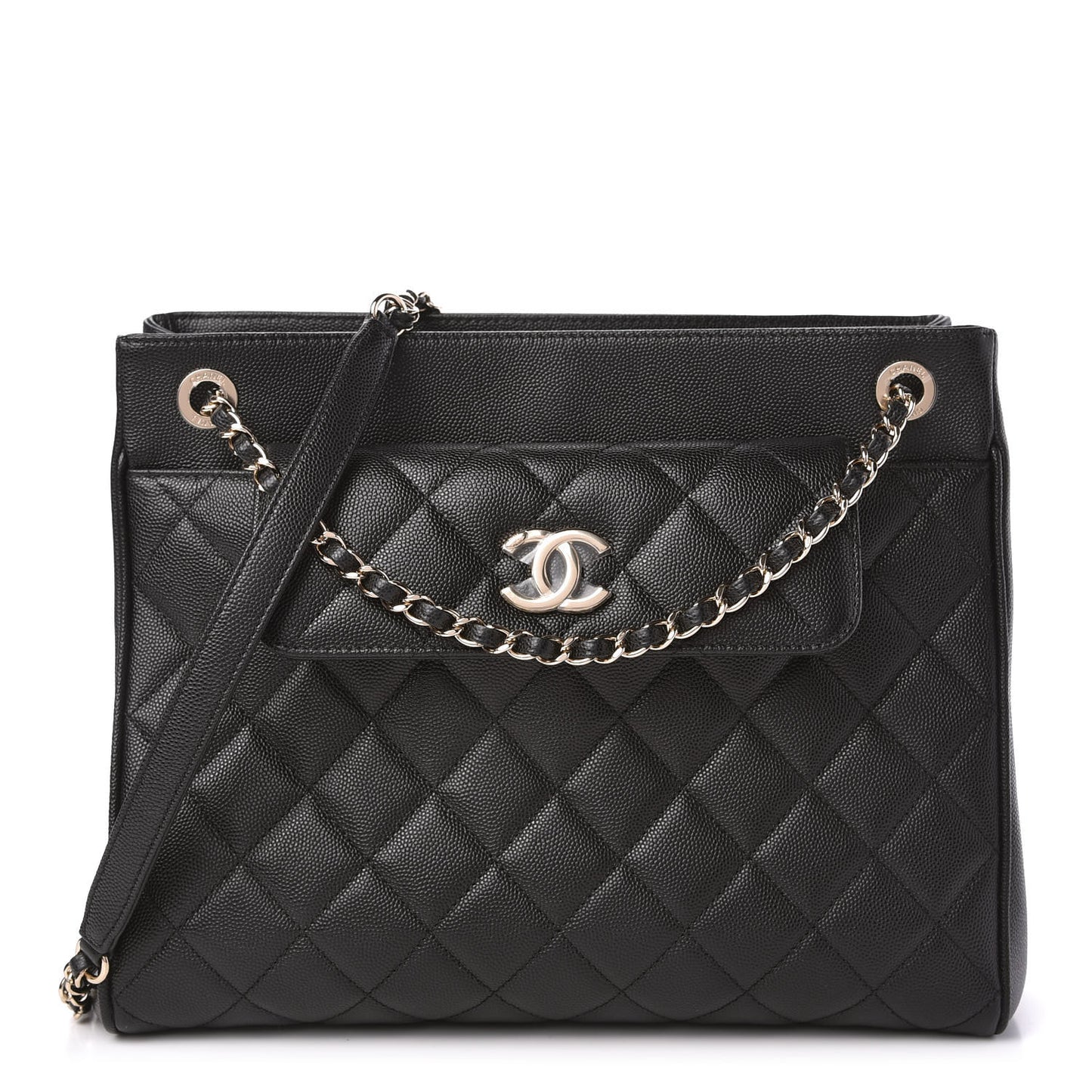 Caviar Quilted In Out Flap Shopping Tote Black