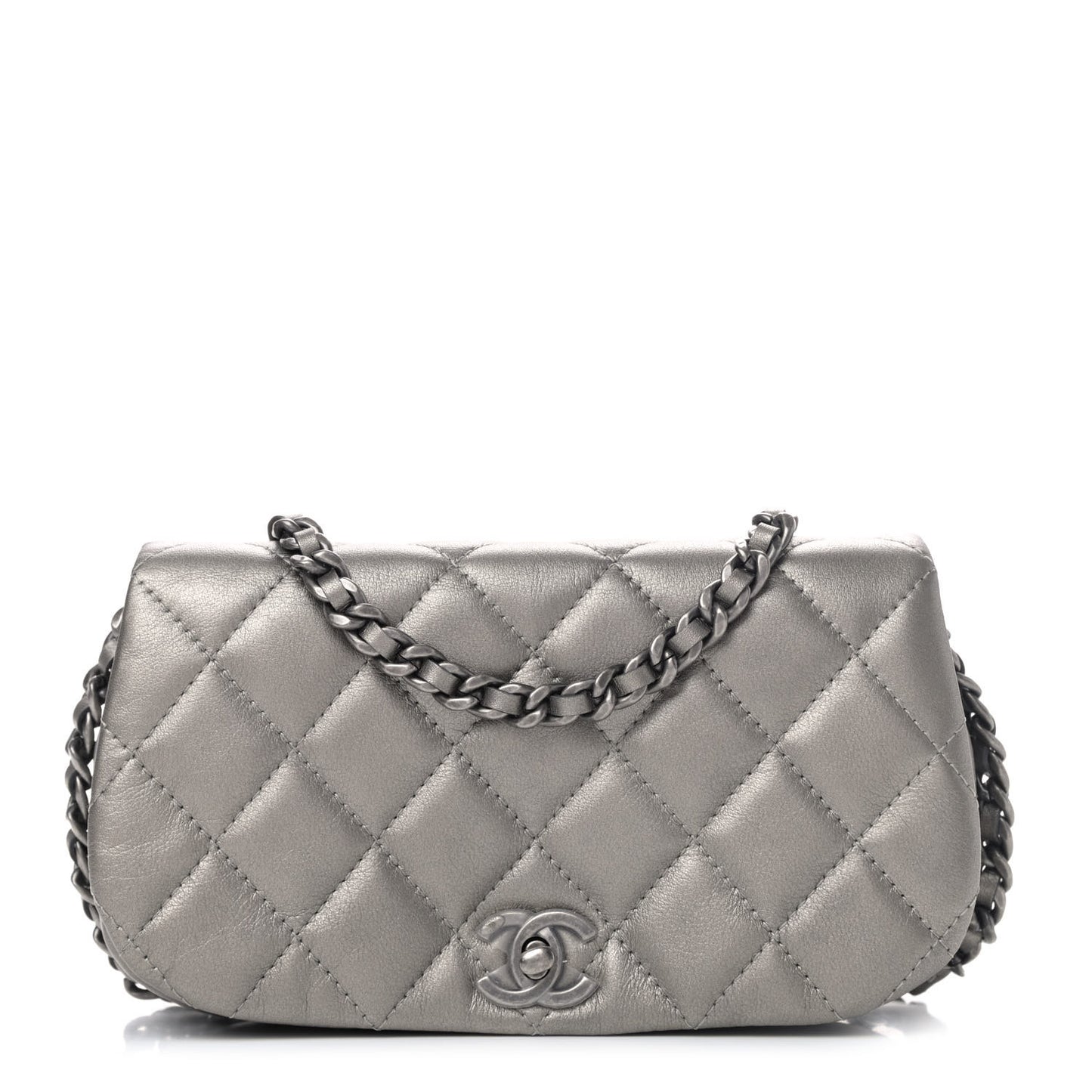 Metallic Calfskin Quilted Flap Clutch With Chain Ruthenium