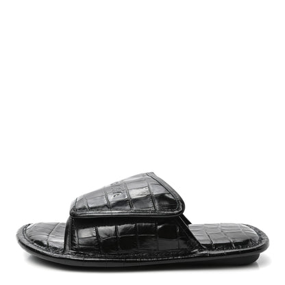Balenciaga BALENCIAG Calfskin Logo Crocodile Embossed Home Slide Sandals 37 Black 1 of 8