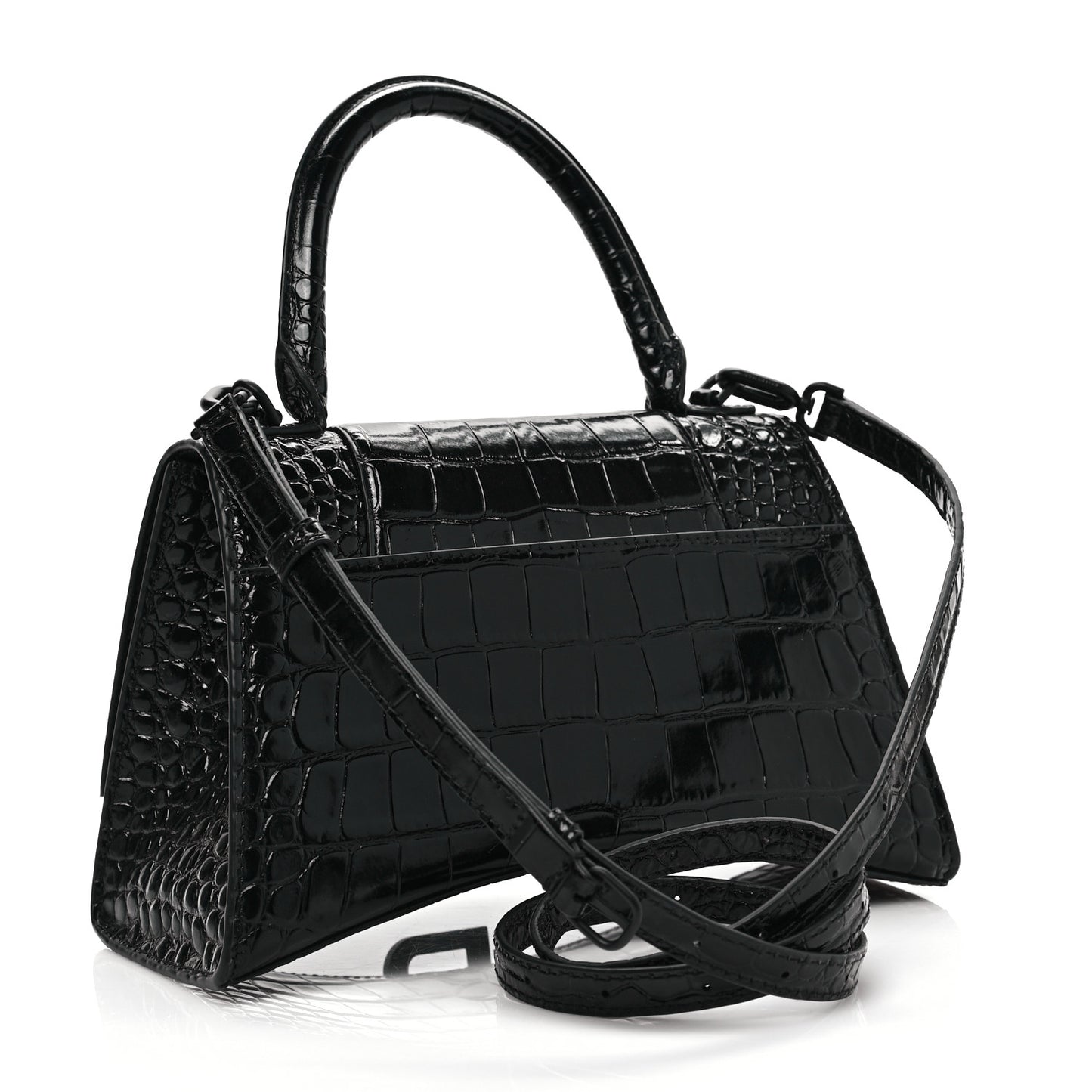 Shiny Calfskin Monochrome Crocodile Embossed Small Hourglass Top Handle Bag Black