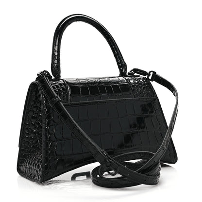 Balenciaga Shiny Calfskin Monochrome Crocodile Embossed Small Hourglass Top Handle Bag Black 3 of 8