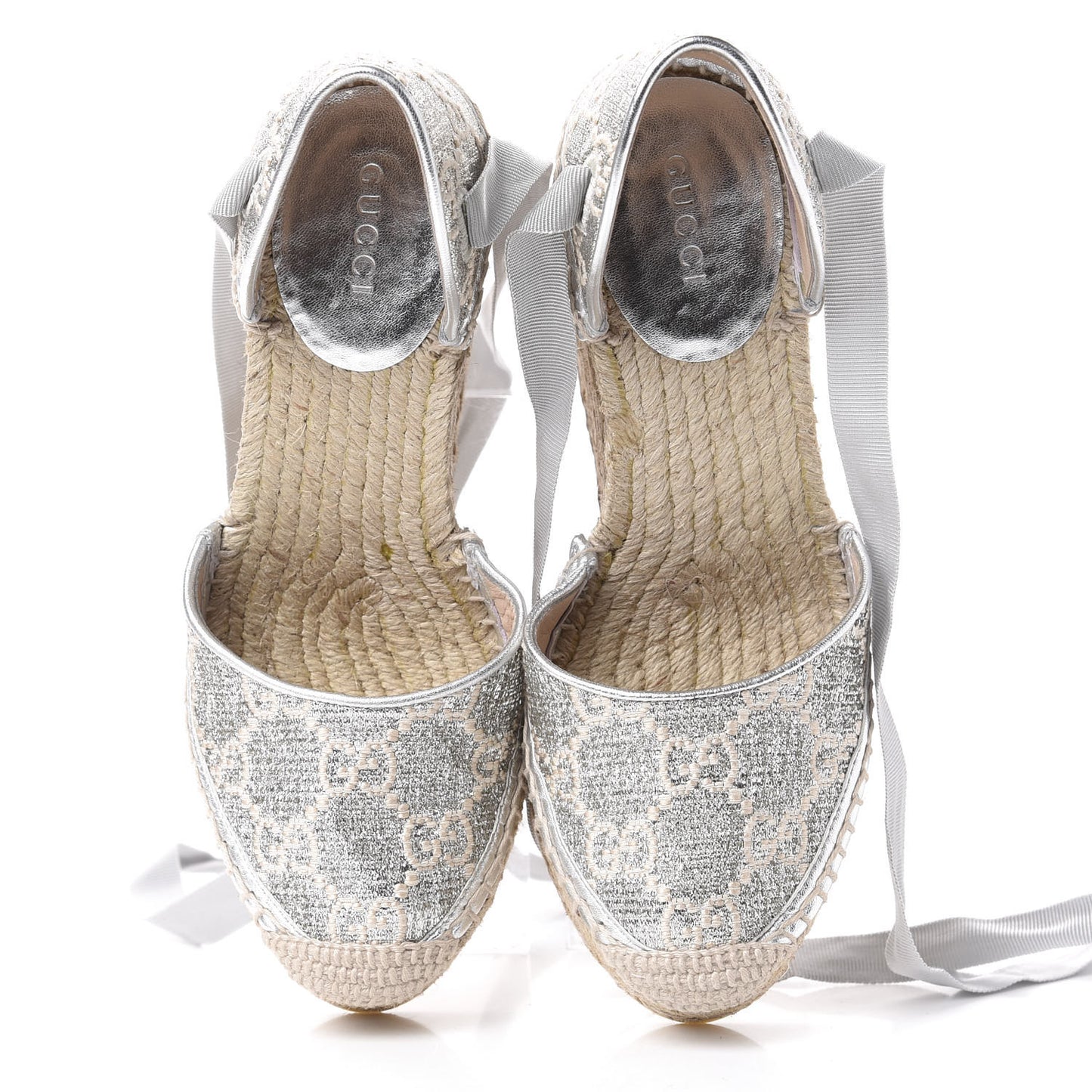 Lame GG Monogram Ankle Wrap Platform Espadrille Wedges 35.5 Silver Beige Light Grey