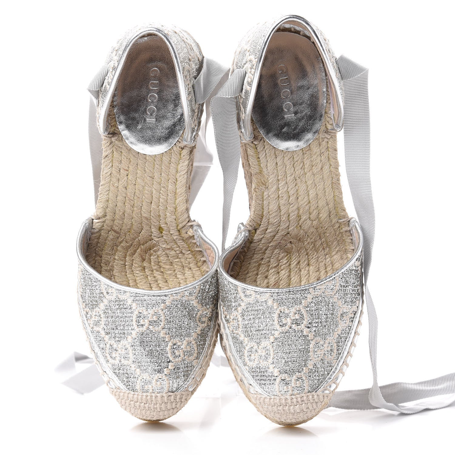 Gucci Lame GG Monogram Ankle Wrap Platform Espadrille Wedges 35.5 Silver Beige Light Grey 6 of 12
