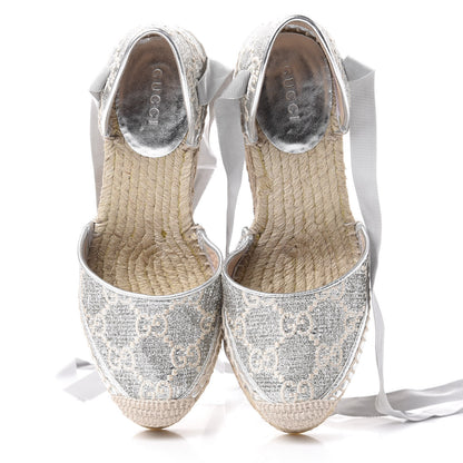 Gucci Lame GG Monogram Ankle Wrap Platform Espadrille Wedges 35.5 Silver Beige Light Grey 6 of 12
