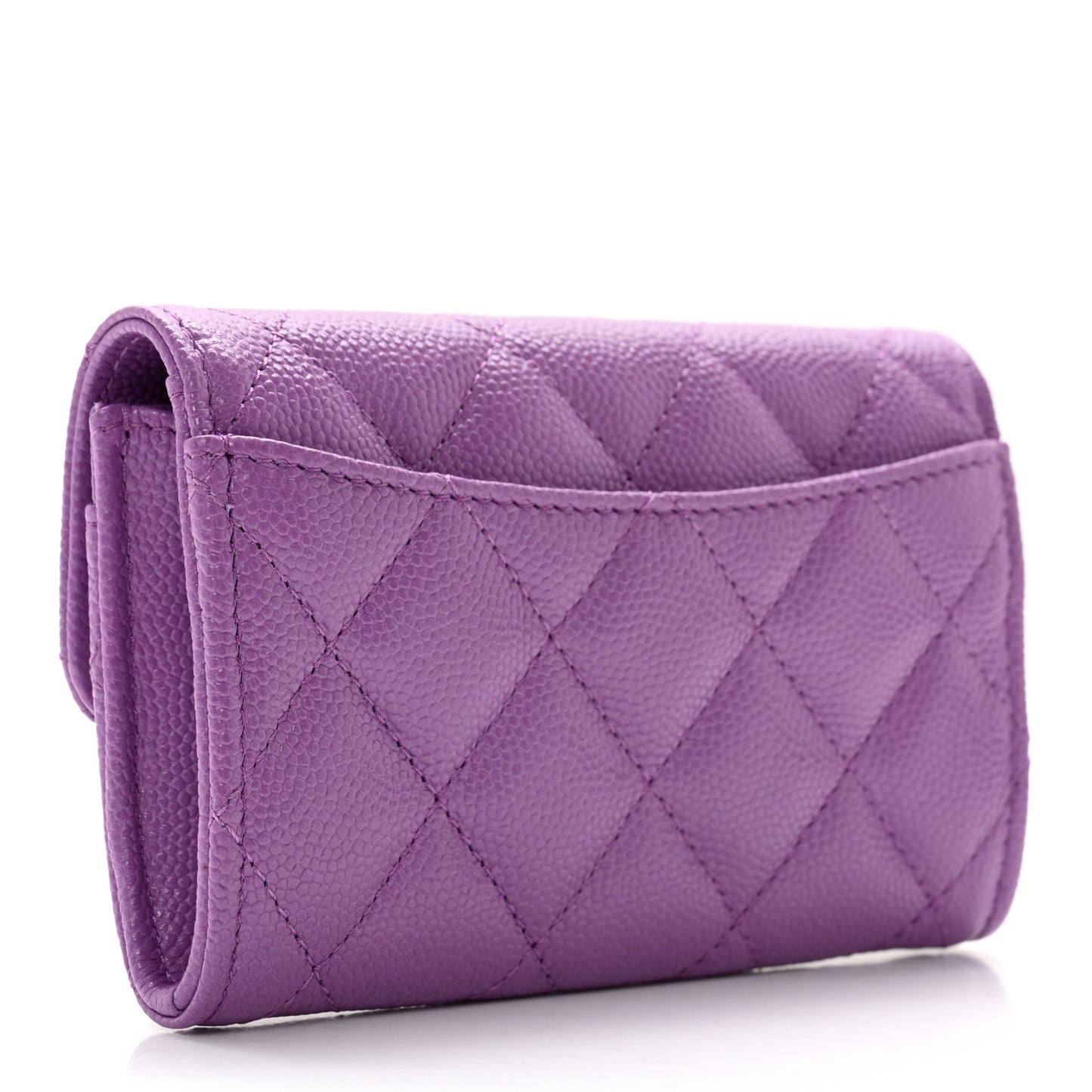 Caviar Quilted Flap Card Holder Wallet Purple