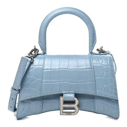 Balenciaga Shiny Calfskin Crocodile Embossed Hourglass Top Handle Bag XS Blue Grey 1 of 8