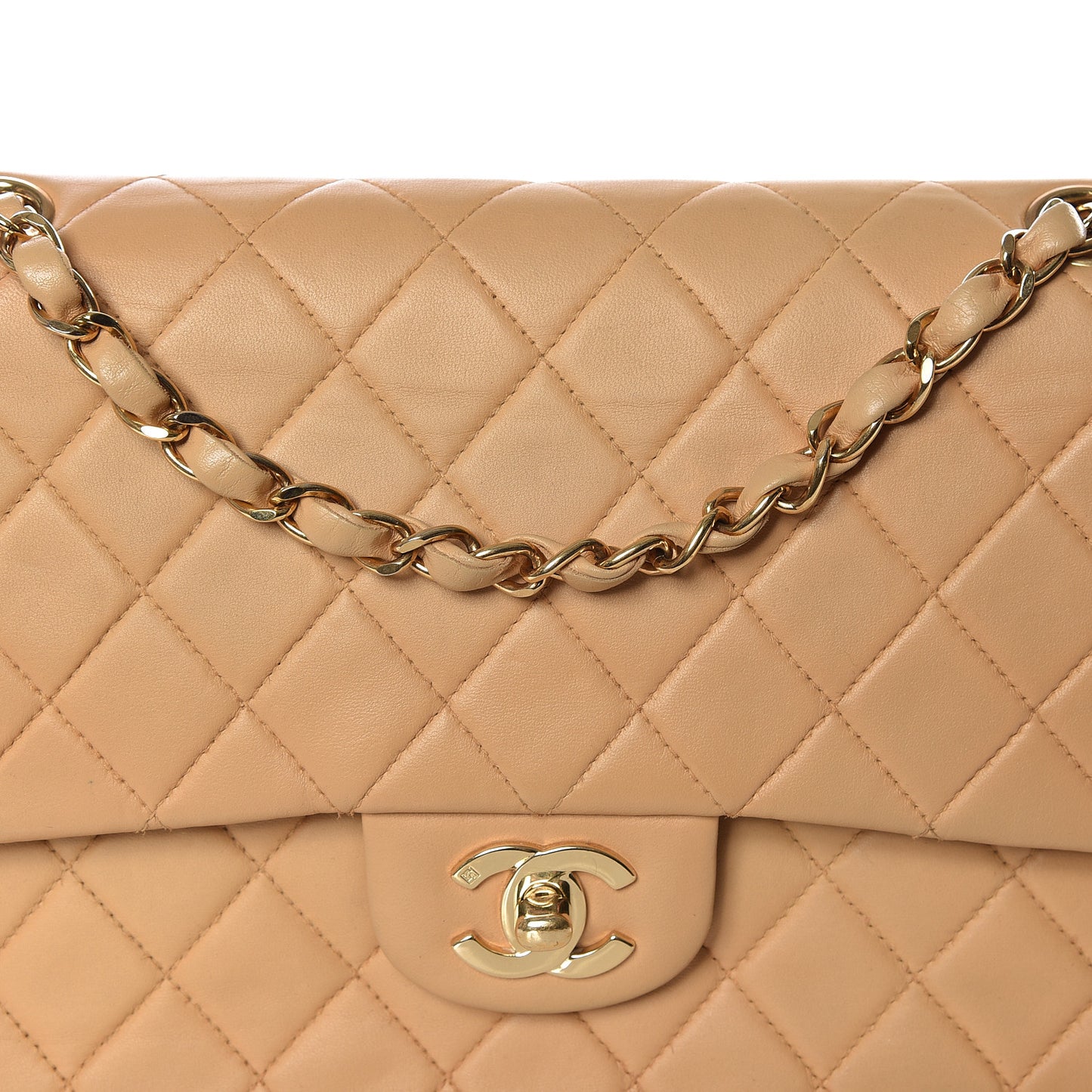 Lambskin Quilted Medium Double Flap Beige