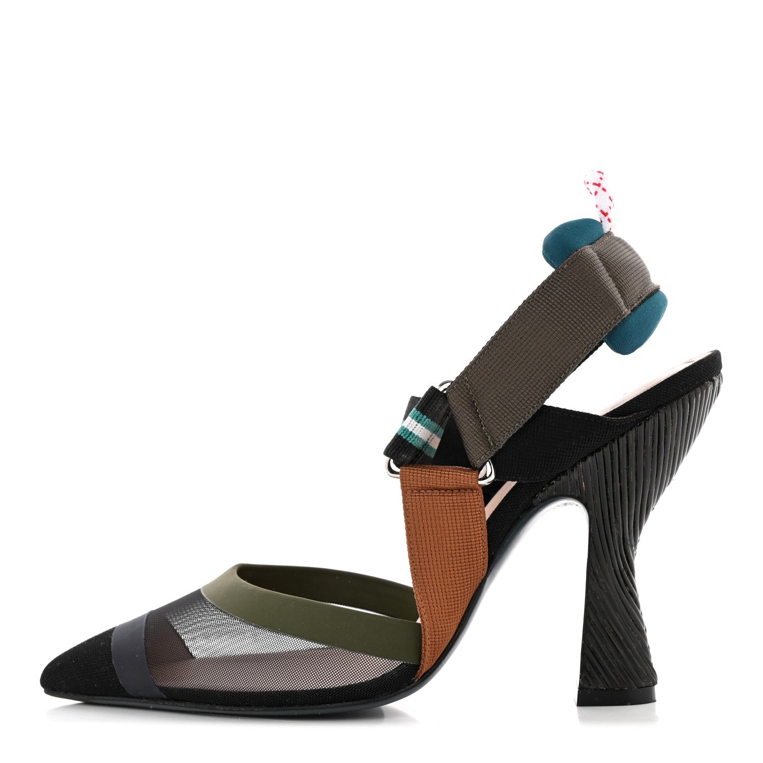 Fendi Technical Mesh Colibri High Heel Slingback Pumps 37 Black Verde Military 1 of 13