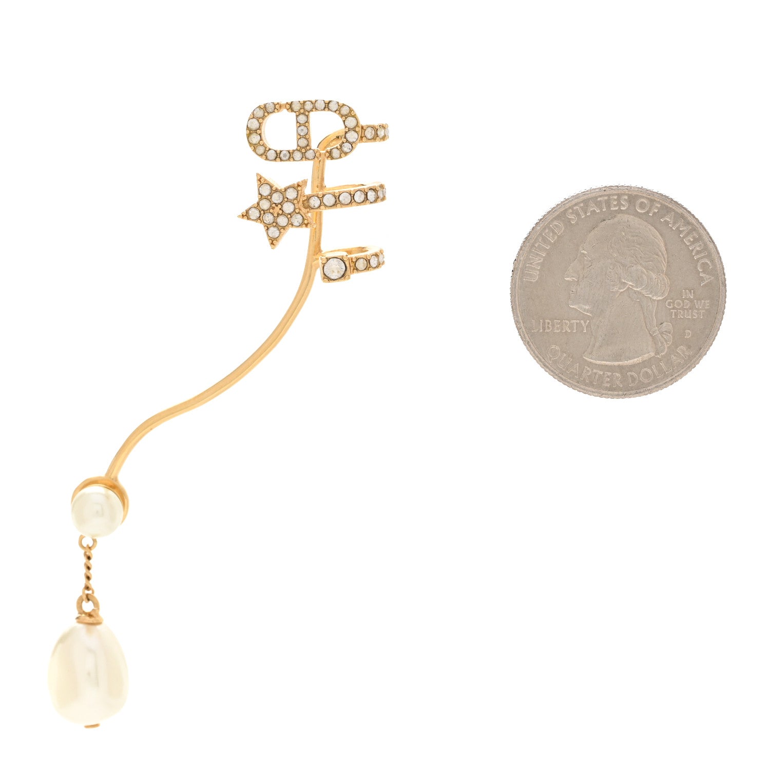 Christian Dior Metal Pearl Petite CD Ear Climber Earring Gold White 2 of 5