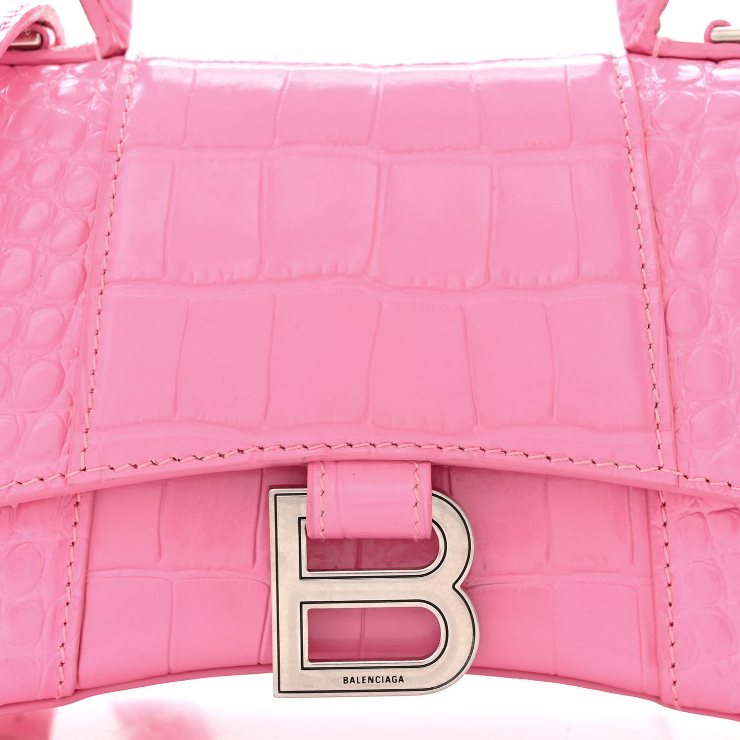 Shiny Calfskin Crocodile Embossed Hourglass Top Handle Bag XS Baby Pink