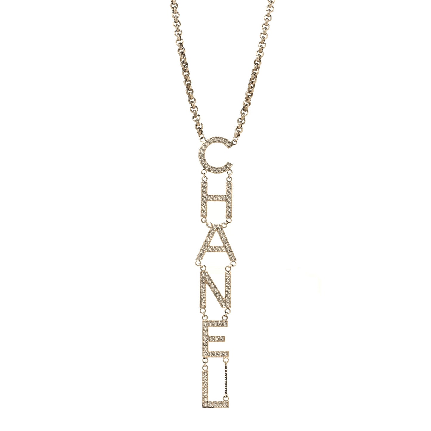 Metal Crystal Cha-Nel Logo Necklace Gold