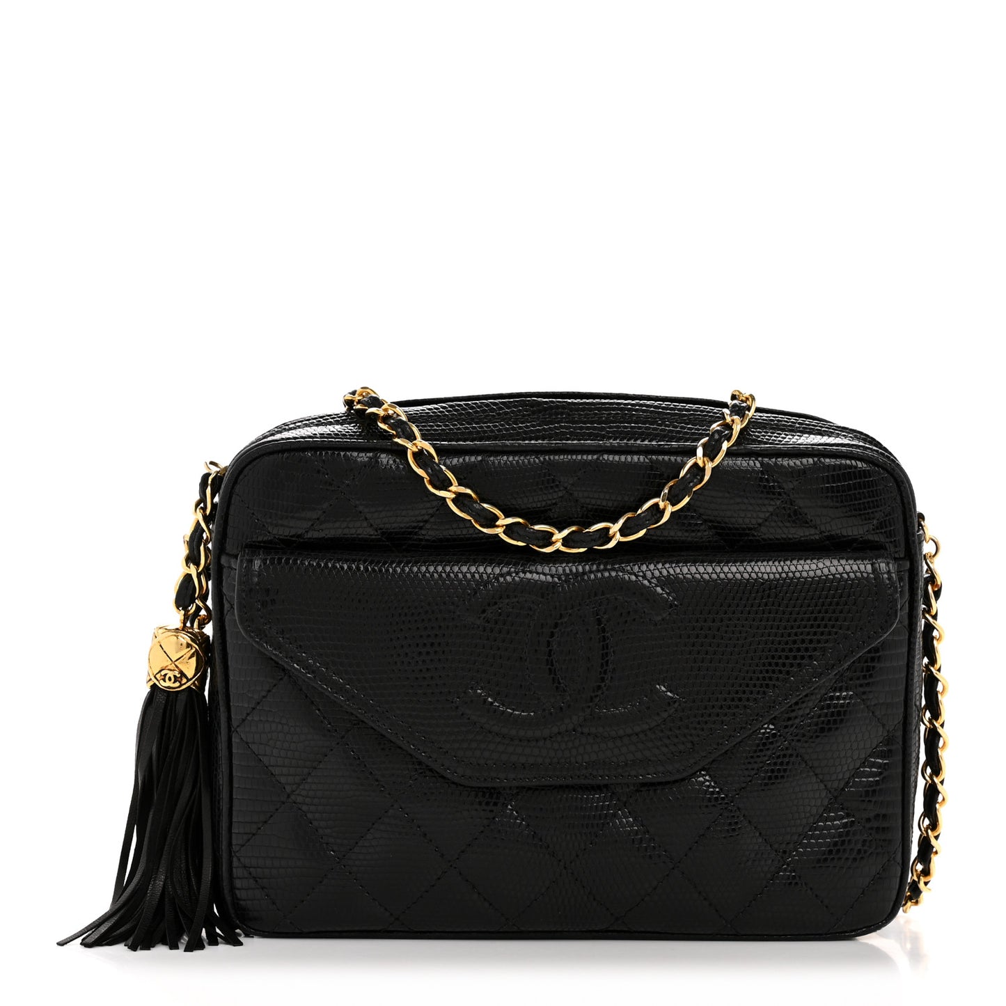 Lizard Quilted Small Tassel Camera Case Black