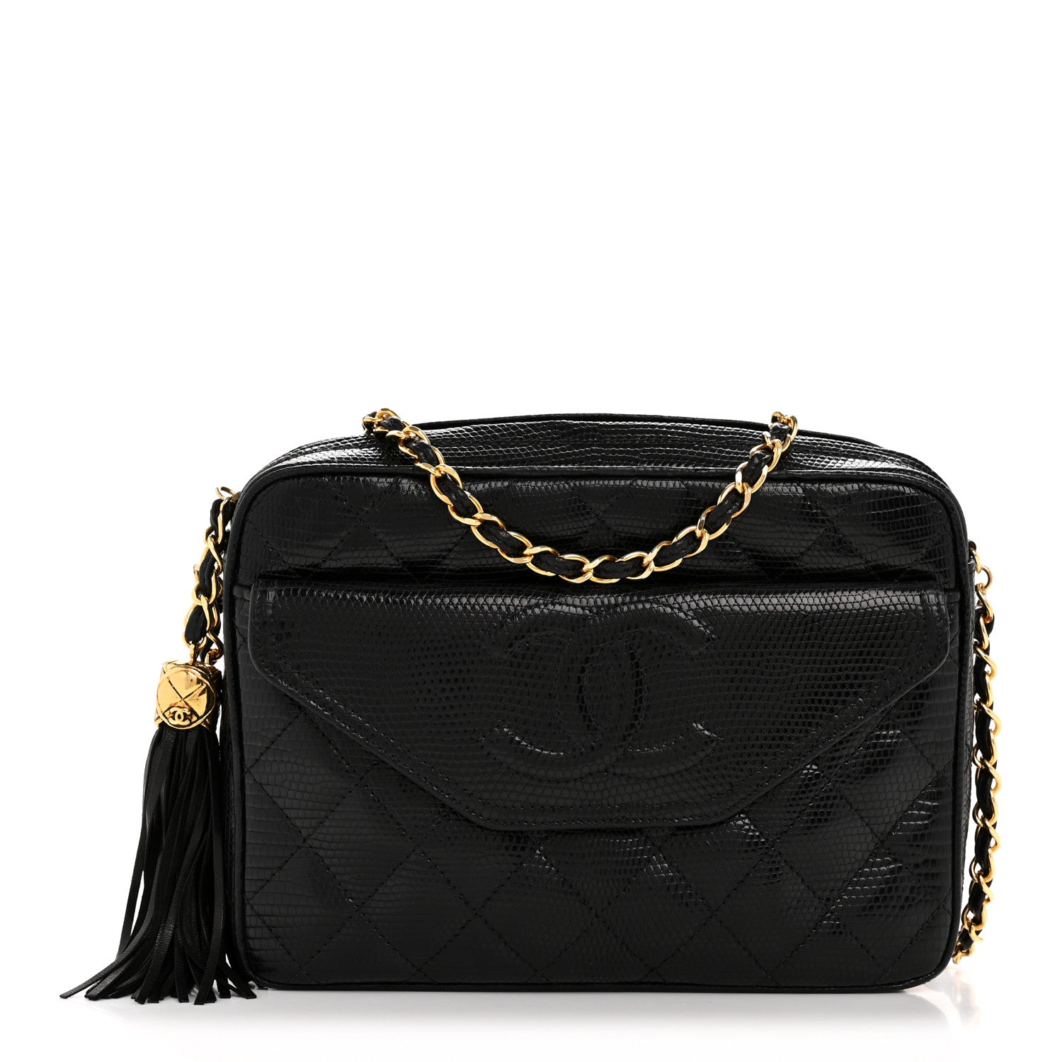 Chanel Lizard Quilted Small Tassel Camera Case Black 1 of 15