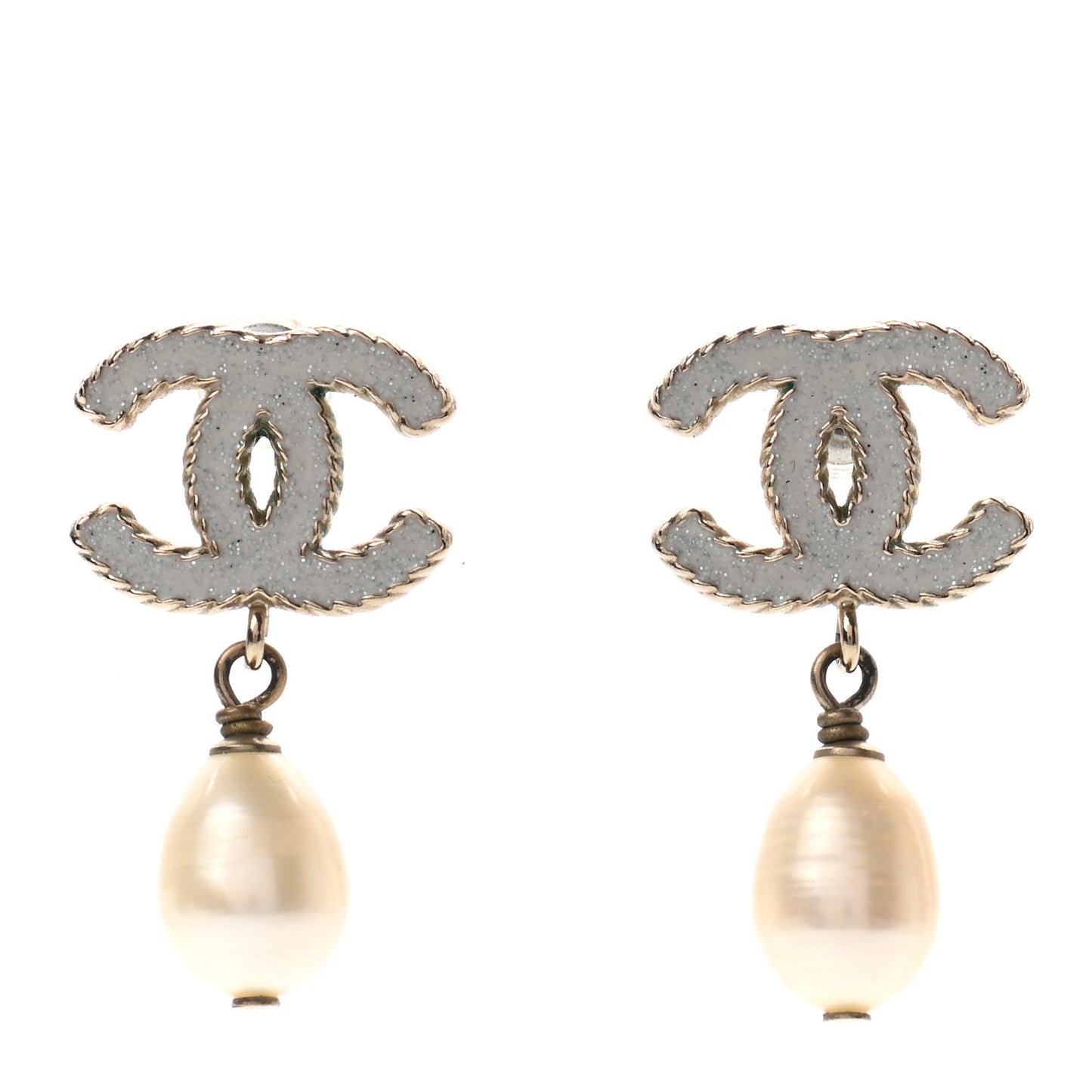 Pearl Glitter Enamel CC Drop Earrings Gold White