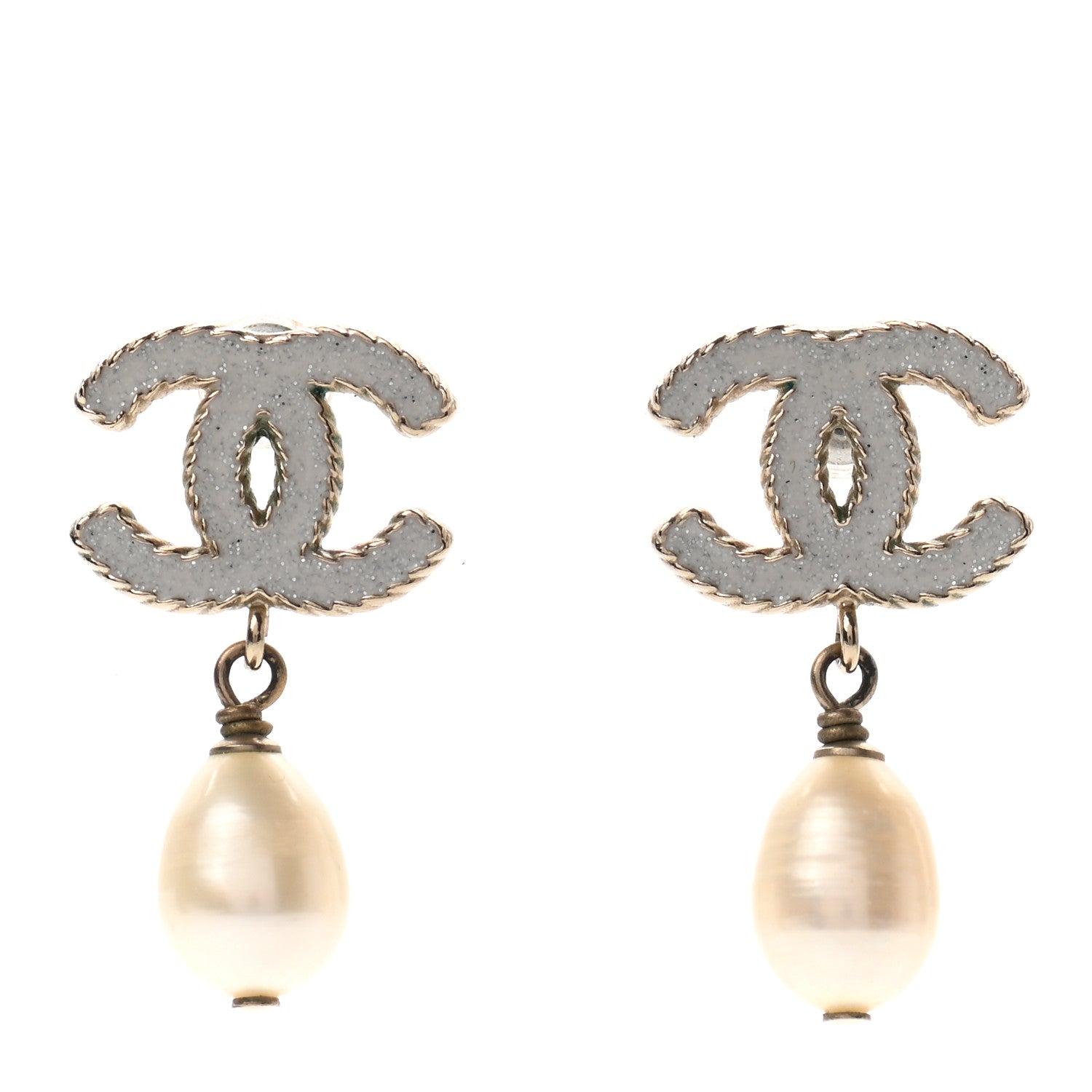 Chanel Pearl Glitter Enamel CC Drop Earrings Gold White 1 of 4