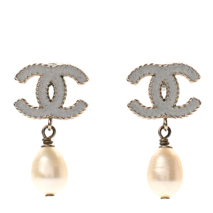 Chanel Pearl Glitter Enamel CC Drop Earrings Gold White 1 of 4