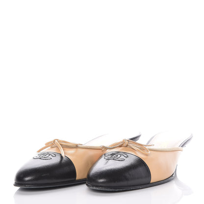Chanel Lambskin Cap Toe CC Mules 37.5 Beige Black 3 of 10