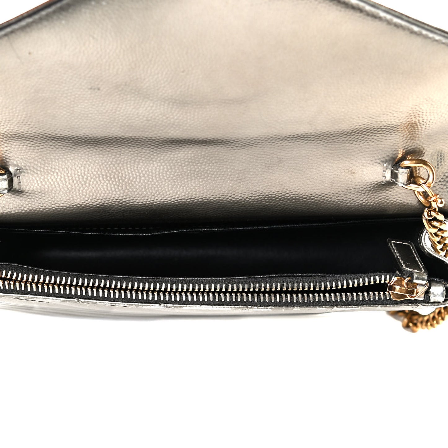 Metallic Grain De Poudre Matelasse Chevron Monogram Envelope Chain Wallet Piombo Black