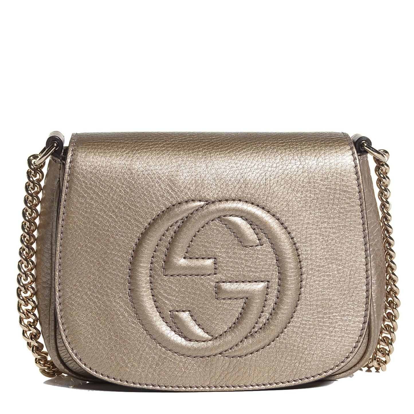 Metallic Pebbled Calfskin Small Soho Flap Crossbody Golden Beige
