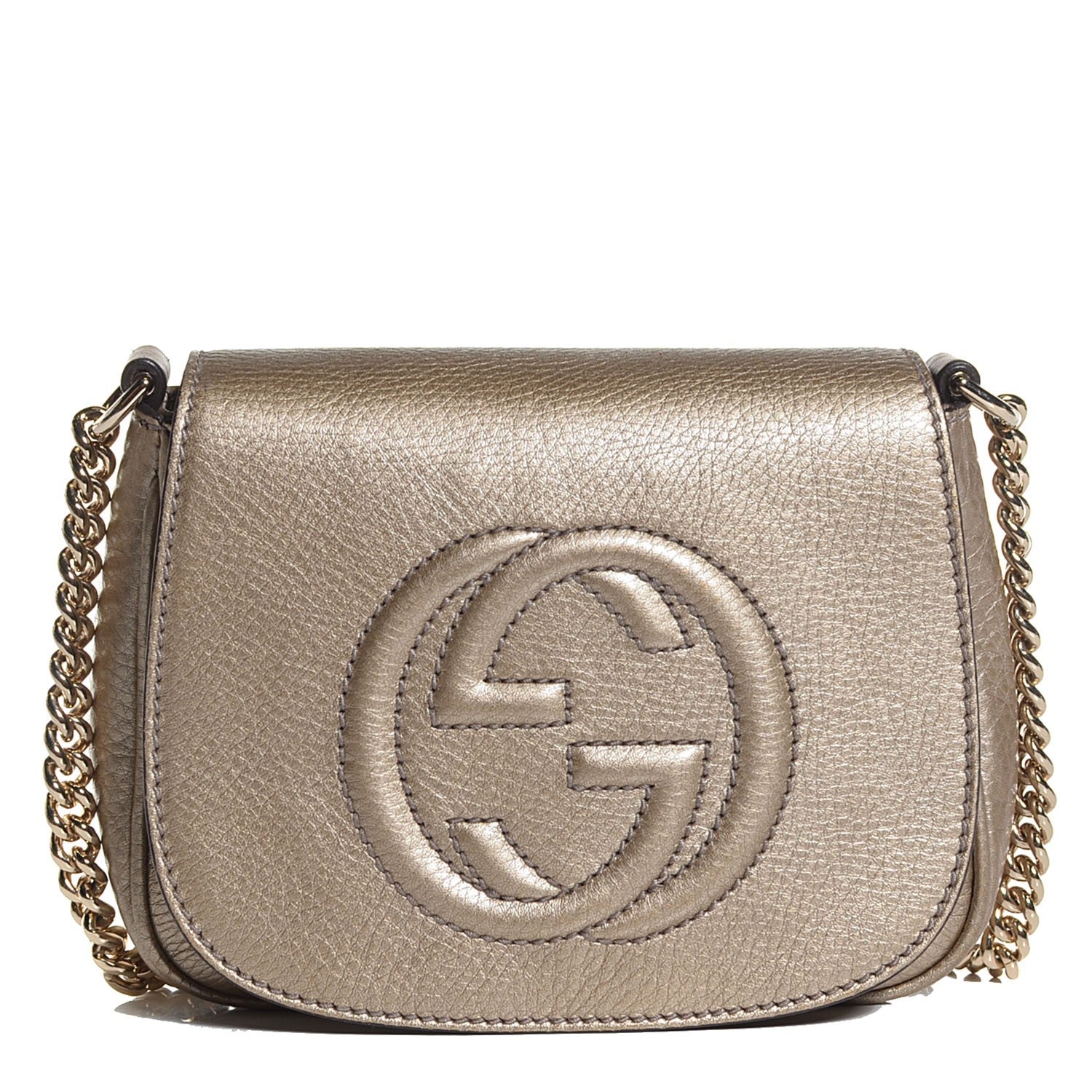 Gucci Metallic Pebbled Calfskin Small Soho Flap Crossbody Golden Beige 1 of 7