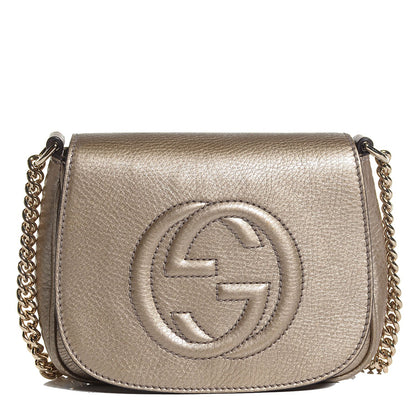 Gucci Metallic Pebbled Calfskin Small Soho Flap Crossbody Golden Beige 1 of 7
